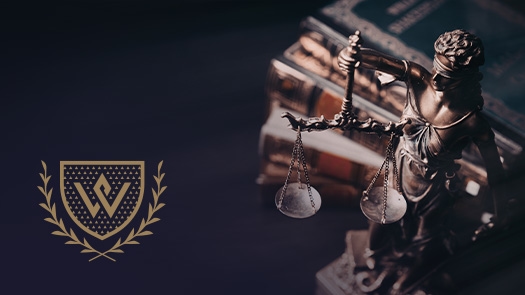 Lady justice standing in front of a stack of legal books.